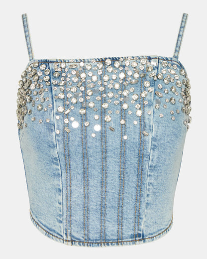 Steve Madden ERAS Denim Rhinestone Embellished Corset Cropped Matching Set Women's Top