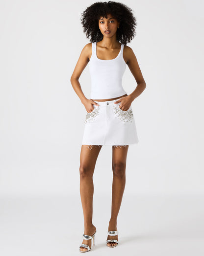 Steve Madden ERAS Denim White Rhinestone Embellished Mini Women's Skirt