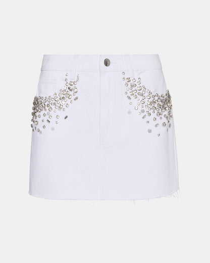 Steve Madden ERAS Denim White Rhinestone Embellished Mini Women's Skirt