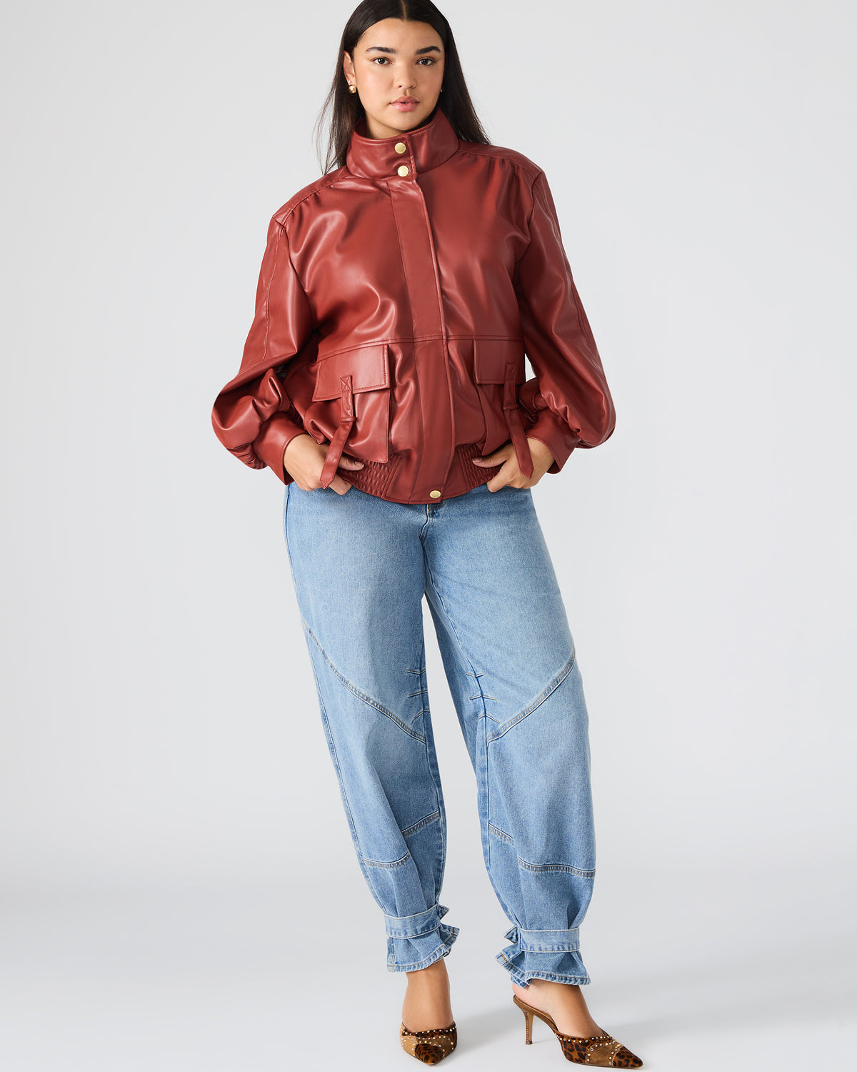 Steve Madden VEE Dusty Brick Faux Leather Long-Sleeved Women's Jacket