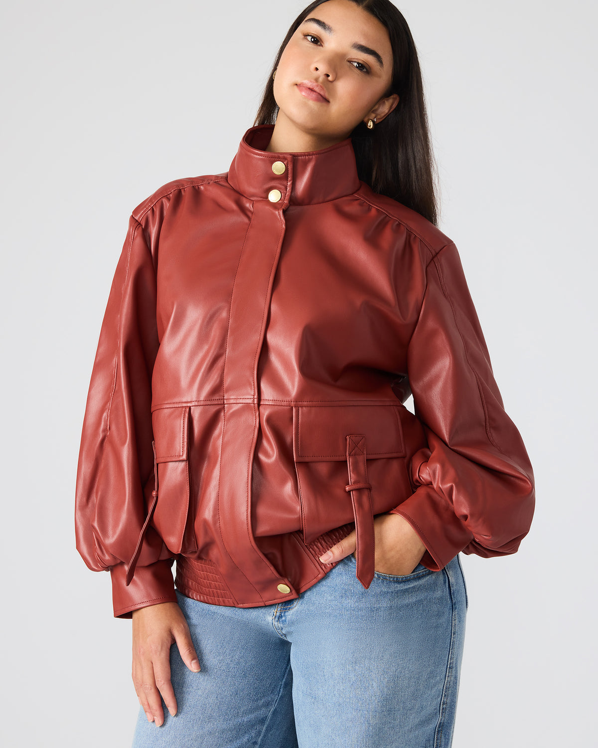 Steve Madden VEE Dusty Brick Faux Leather Long-Sleeved Women's Jacket