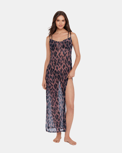 Steve Madden STATIC LEOPARD BIKINI COVER-UP Natural Flowy Mesh Women's Swim Cover-Up